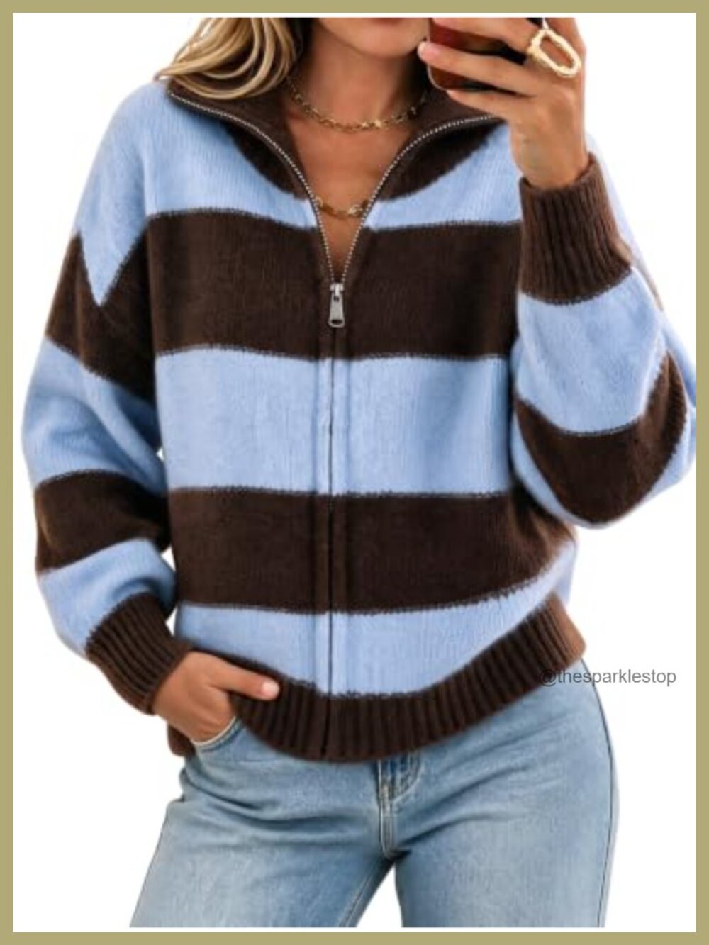 Women Striped Zip Up Cardigan Long Sleeve Knit Sweater